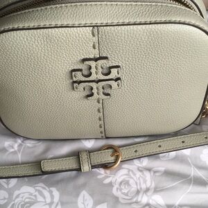 Tory Burch camera bag in mint green hue/ off white